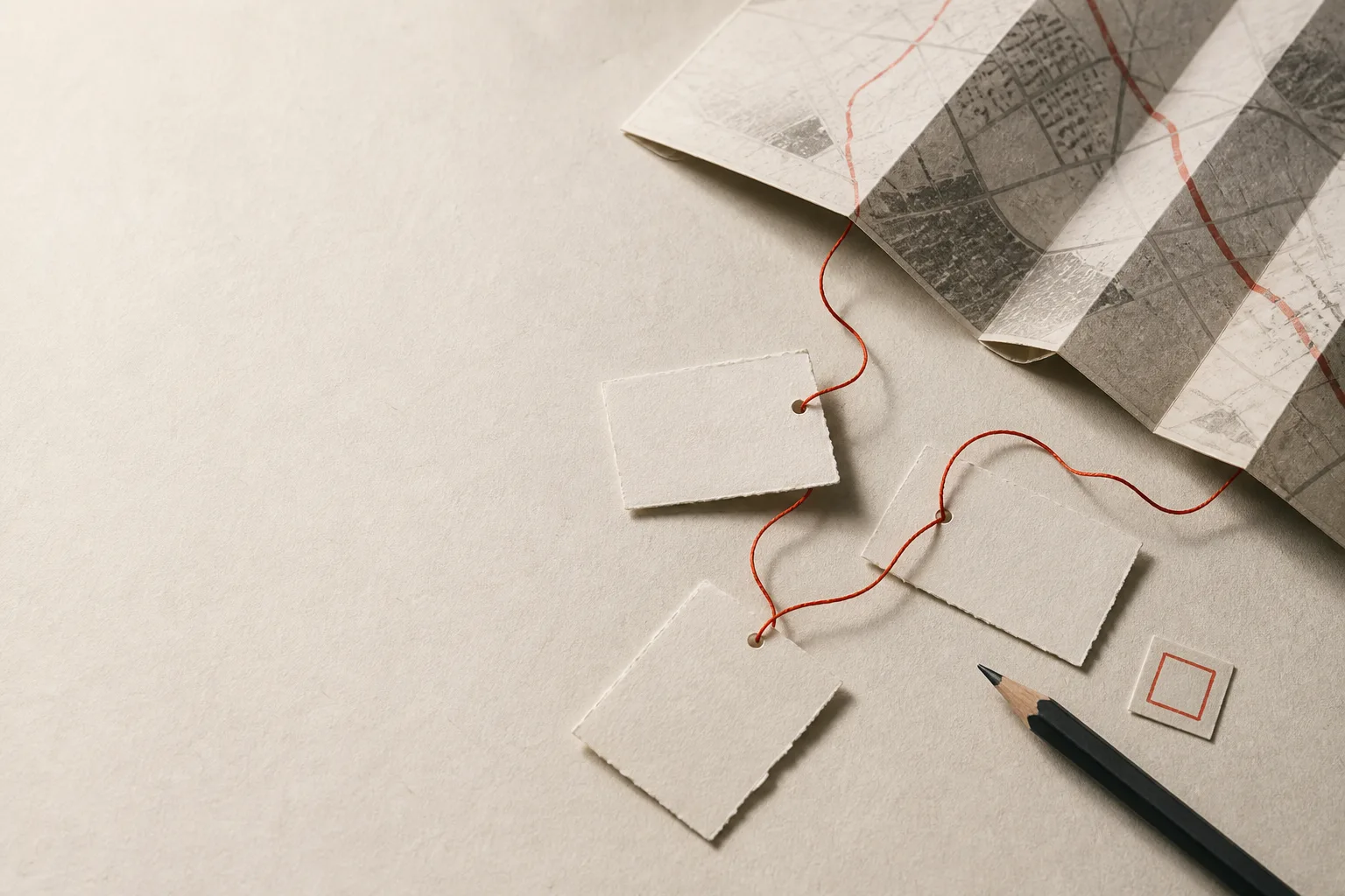 紙の地図と3枚のメモカードを赤い糸で結んだ静物